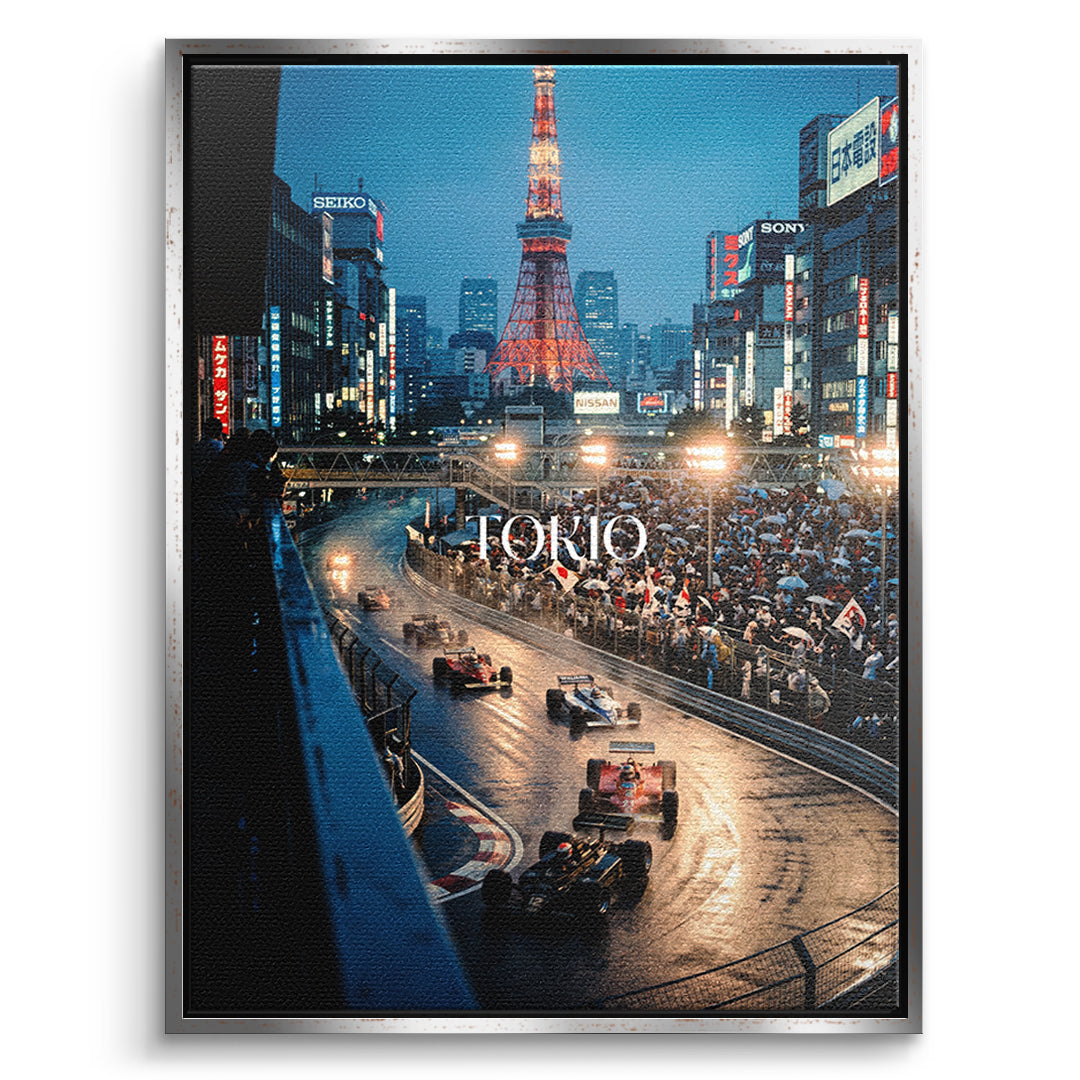DOTCOMCANVAS Tokyo F1 Leinwandbild Vorderansicht mit silbernem Rahmen