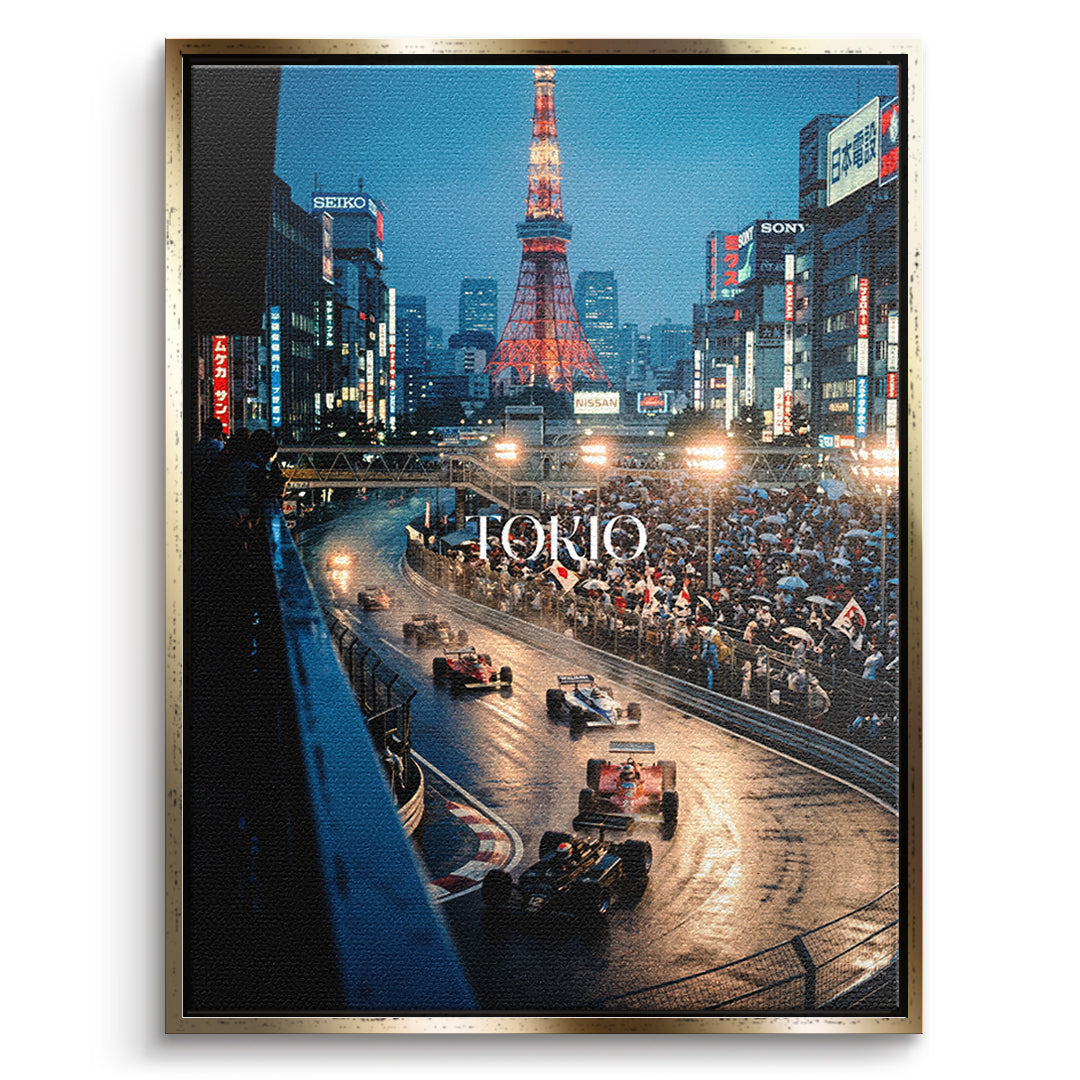 DOTCOMCANVAS Tokyo F1 Leinwandbild Vorderansicht mit goldenem Rahmen
