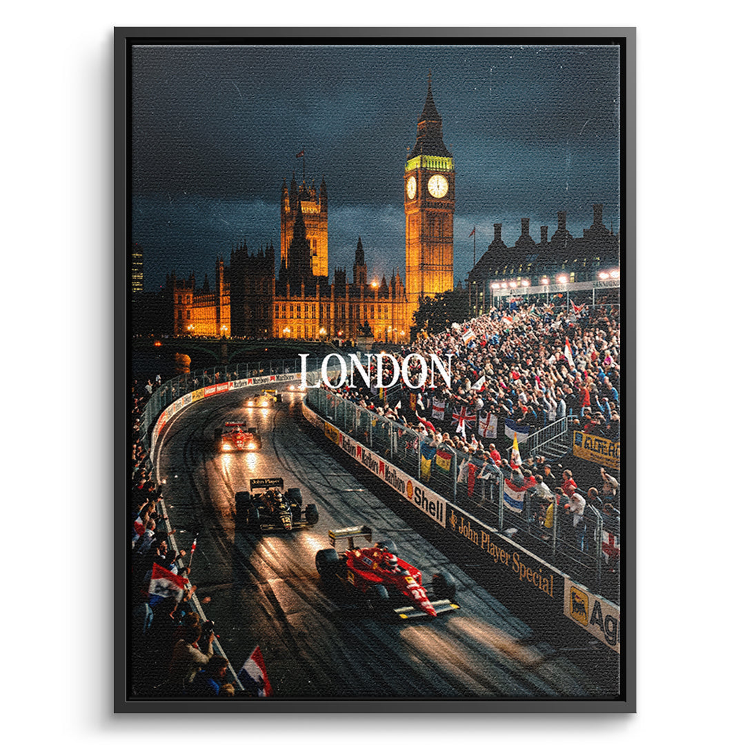 DOTCOMCANVAS London F1 Leinwandbild Vorderansicht mit schwarzem Rahmen