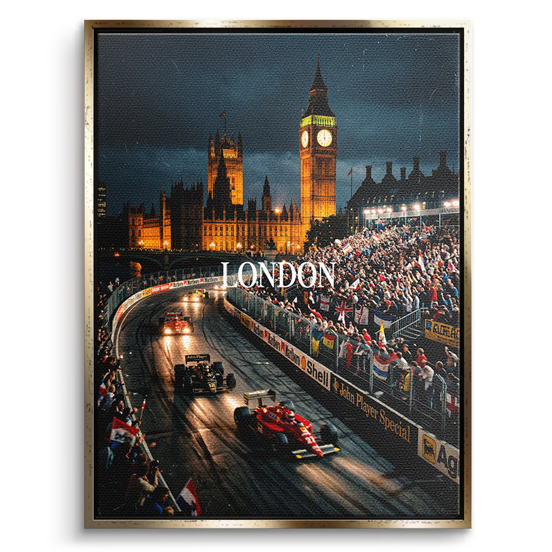 DOTCOMCANVAS London F1 Leinwandbild Vorderansicht mit goldenem Rahmen