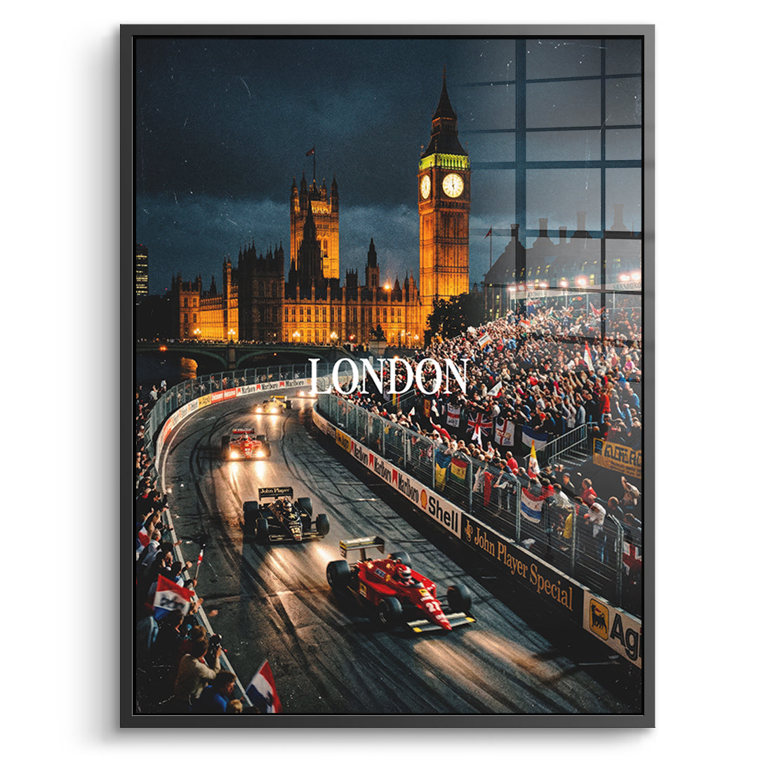 DOTCOMCANVAS London F1 Acrylglasbild Vorderansicht mit schwarzem Rahmen