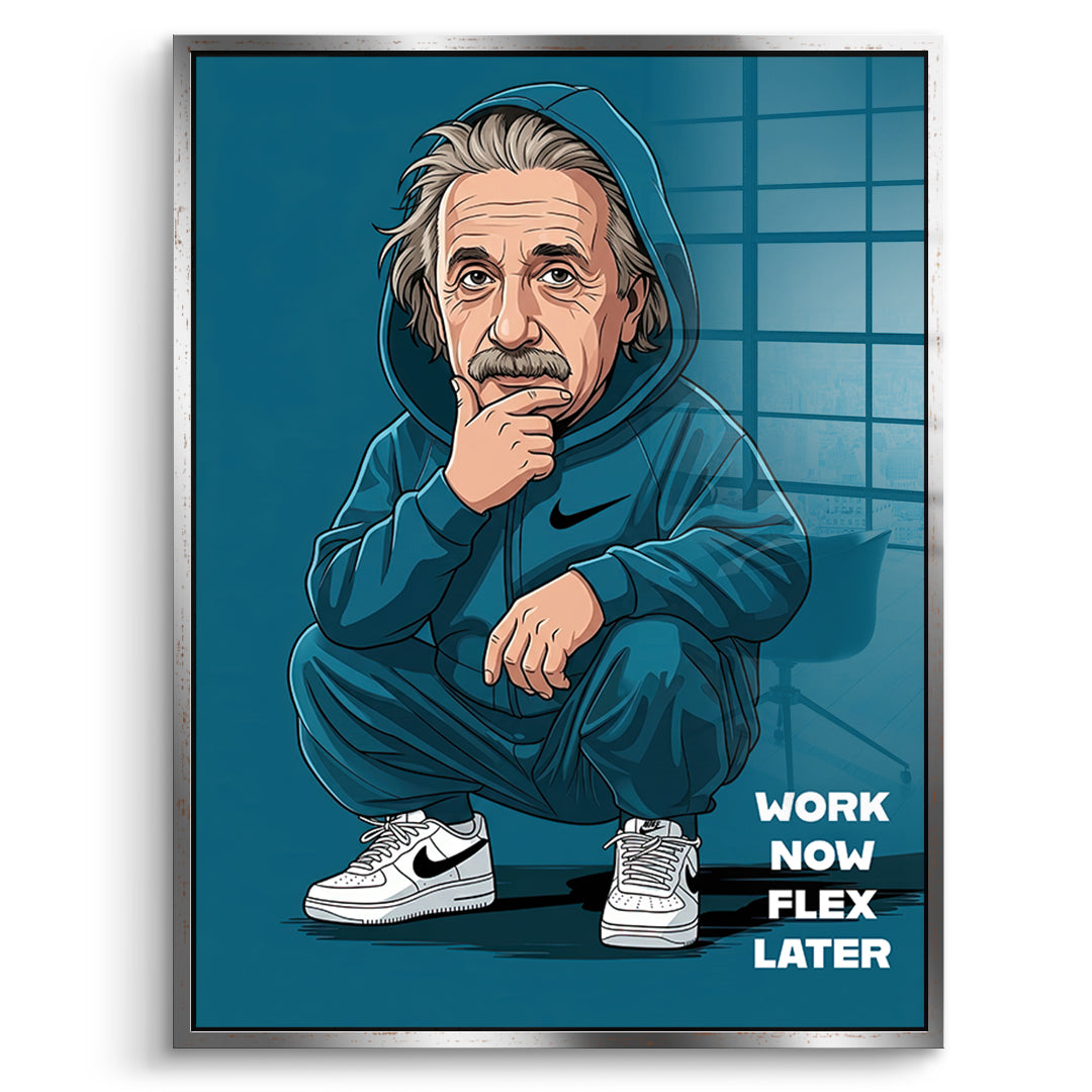 DOTCOMCANVAS Albert Einstein Swag Acrylglasbild Vorderansicht mit silbernem Rahmen