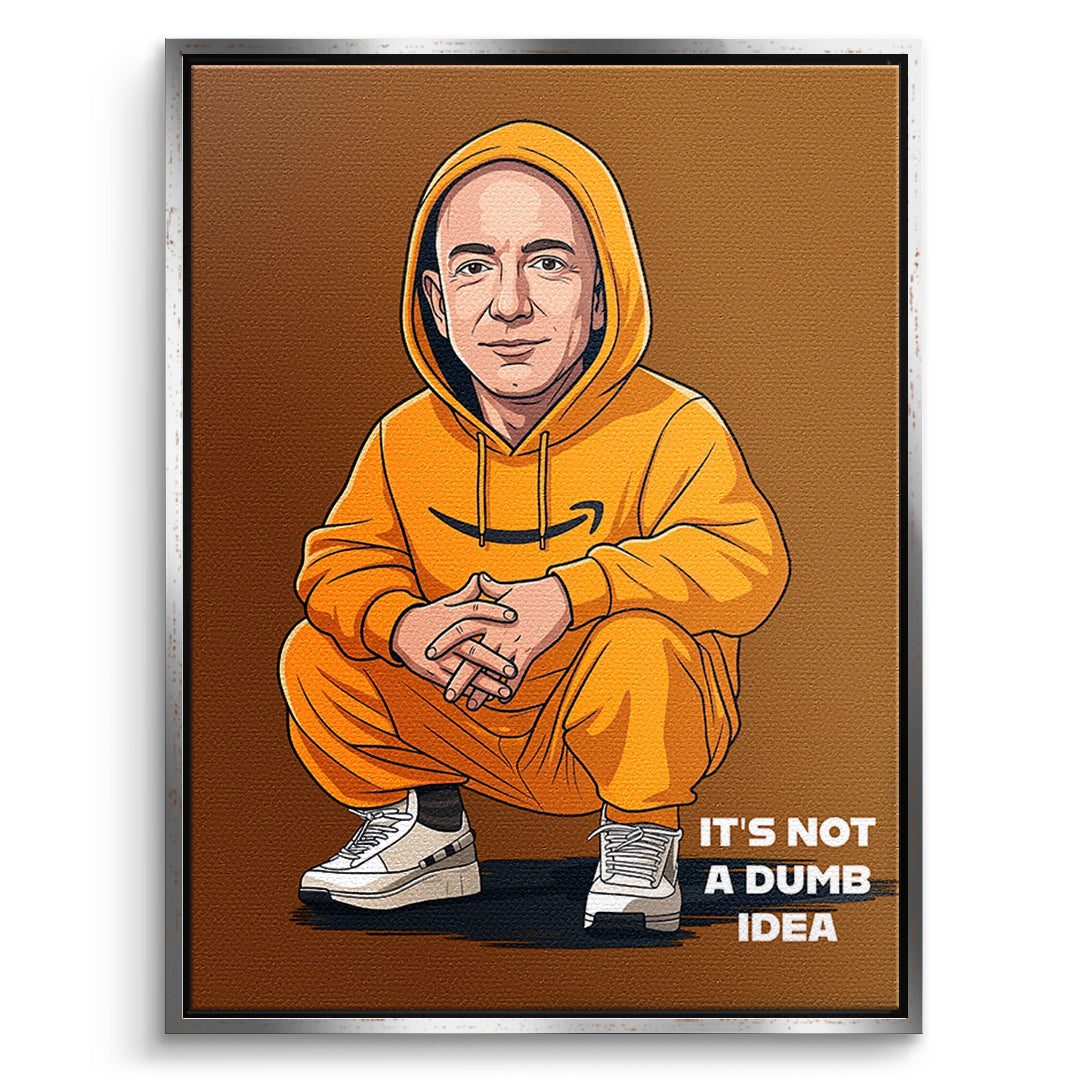 DOTCOMCANVAS Jeff Bezos Swag Leinwandbild Vorderansicht mit silbernem Rahmen