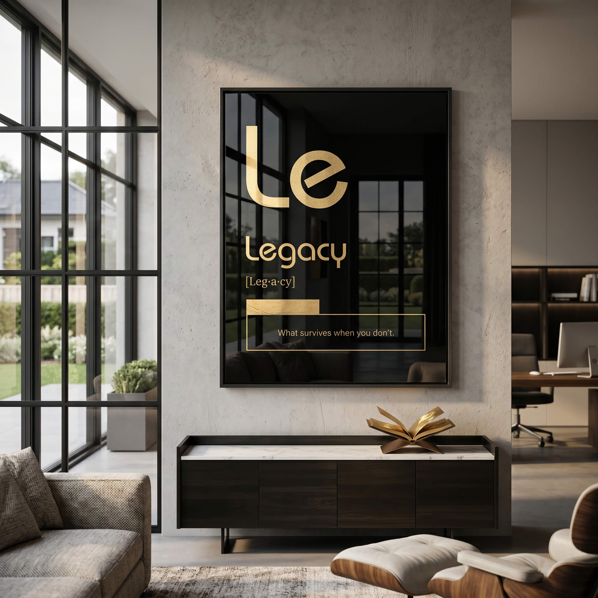 DOTCOMCANVAS® Legacy (Le) Acrylglasbild Version Schwarz – Raum-Mockup