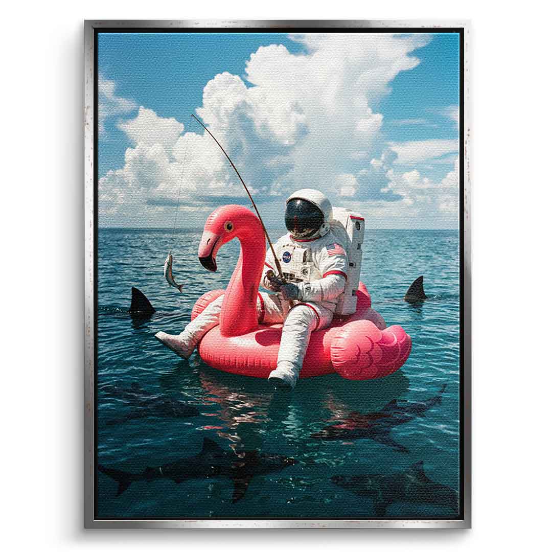 Canvas Front Silber-Rahmen — Fearless Astronaut on a Flamingo