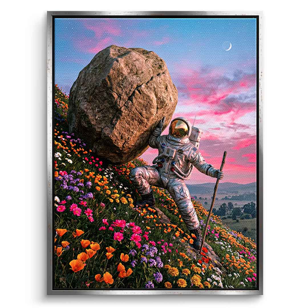 DOTCOMCANVAS® Astronaut's Heavy Burden Leinwandbild – Vorderansicht silberner Rahmen