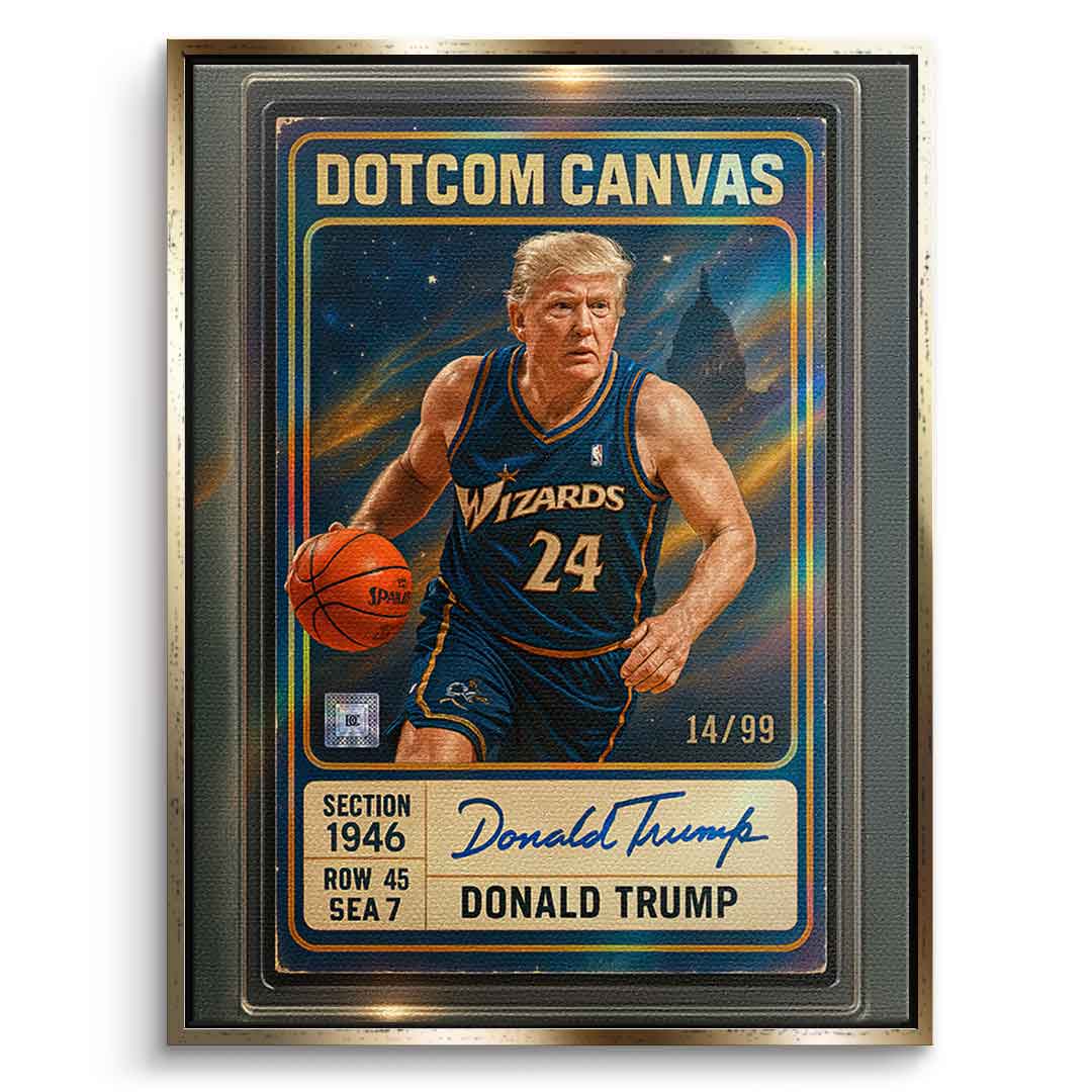 DOTCOMCANVAS Donald Trump Basketball Card Leinwandbild - Goldener Rahmen Front