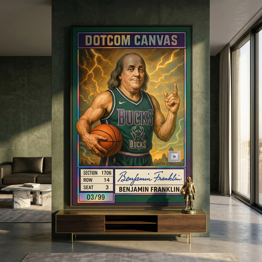 DOTCOMCANVAS® Benjamin Franklin Basketball Card Leinwandbild im Raum – Pop-Art Wandbild Wohnzimmer Galerie