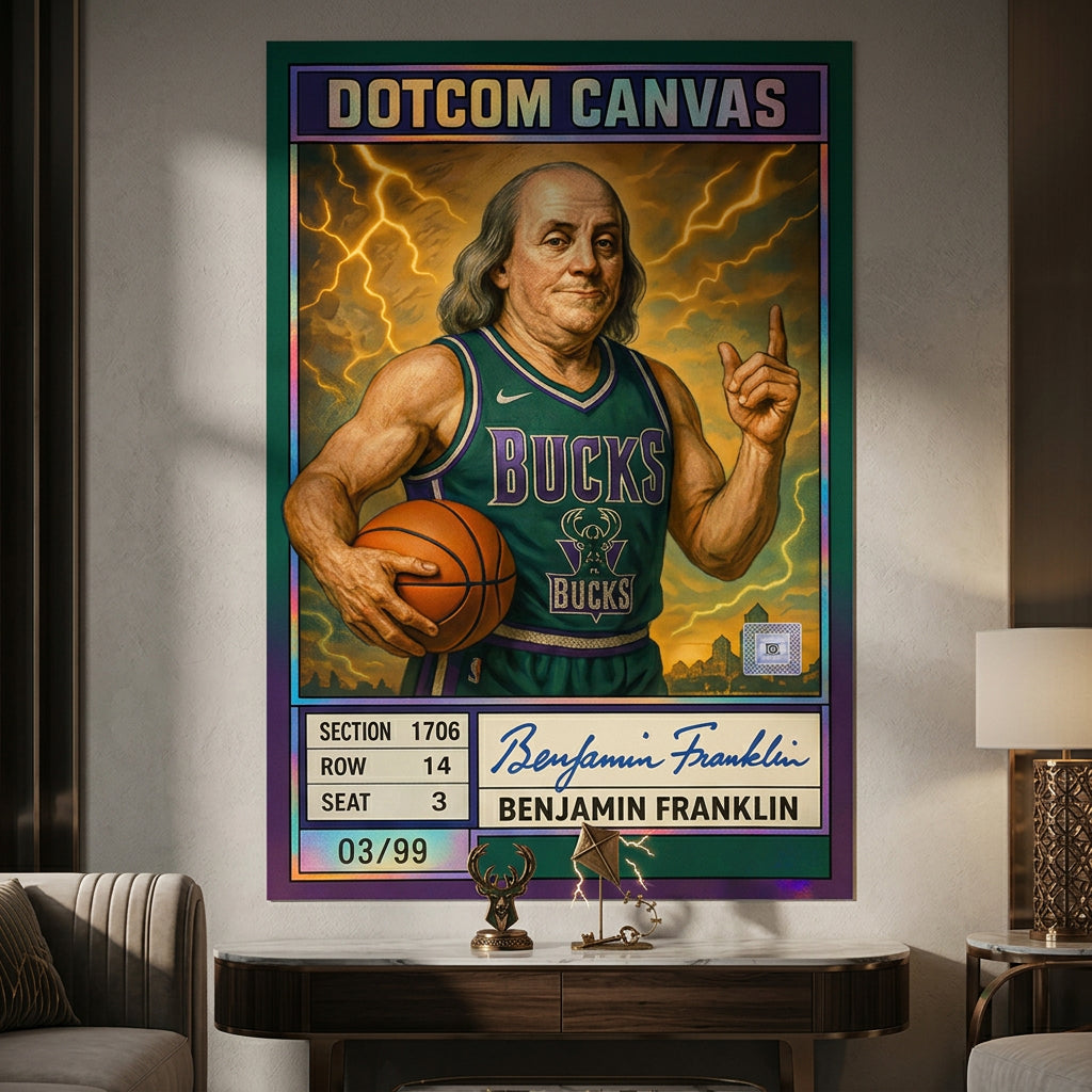 DOTCOMCANVAS® Benjamin Franklin Basketball Card Poster im Raum – Pop-Art Wandbild Wohnzimmer