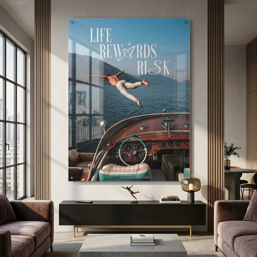 DOTCOMCANVAS Life Rewards Risk Acrylglasbild im Wohnraum Mockup