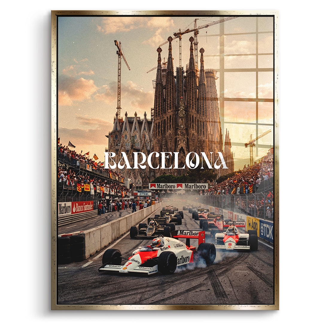 DOTCOMCANVAS Barcelona F1 Acrylglasbild Vorderansicht mit Goldrahmen