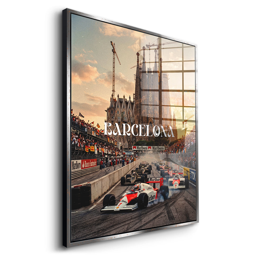 DOTCOMCANVAS Barcelona F1 Acrylglasbild Seitenansicht mit Silberrahmen