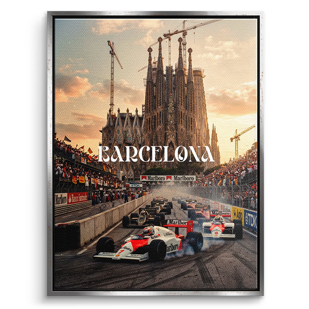 DOTCOMCANVAS Barcelona F1 Leinwandbild Vorderansicht mit Silberrahmen