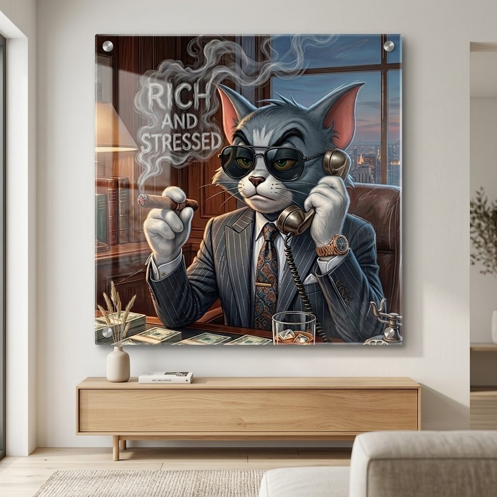 Rich and Stressed Cat Boss Acrylglas Raum-Mockup