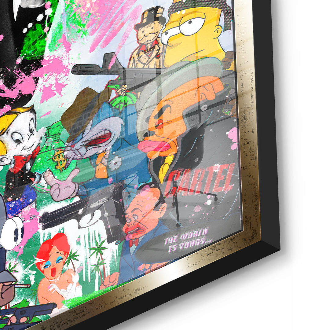 DOTCOMCANVAS Cartoon Cartel Acrylglasbild Detailansicht mit goldenem Rahmen