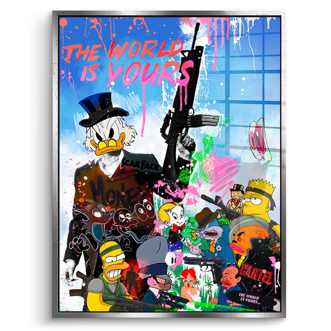 DOTCOMCANVAS Cartoon Cartel Acrylglasbild Vorderansicht mit silbernem Rahmen