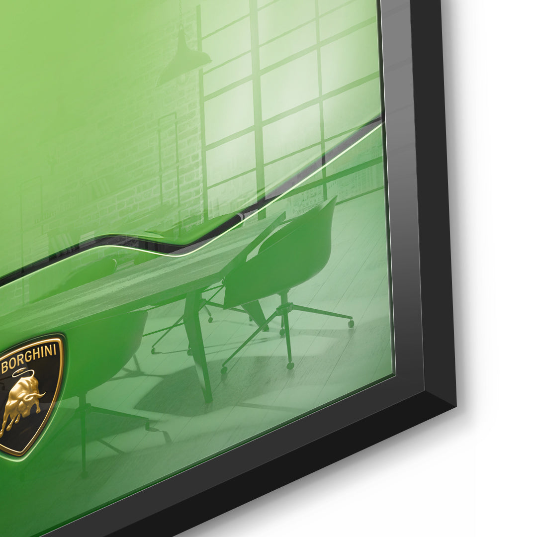 Detailansicht – Golf on the Hood Acrylglasbild mit schwarzem Rahmen
