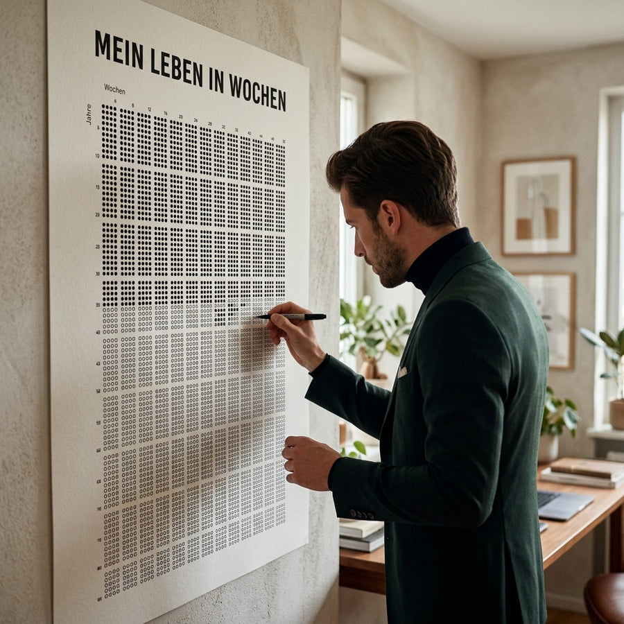 Poster My Life In Weeks (Deutsch) an der Wand eines modernen Wohnraums