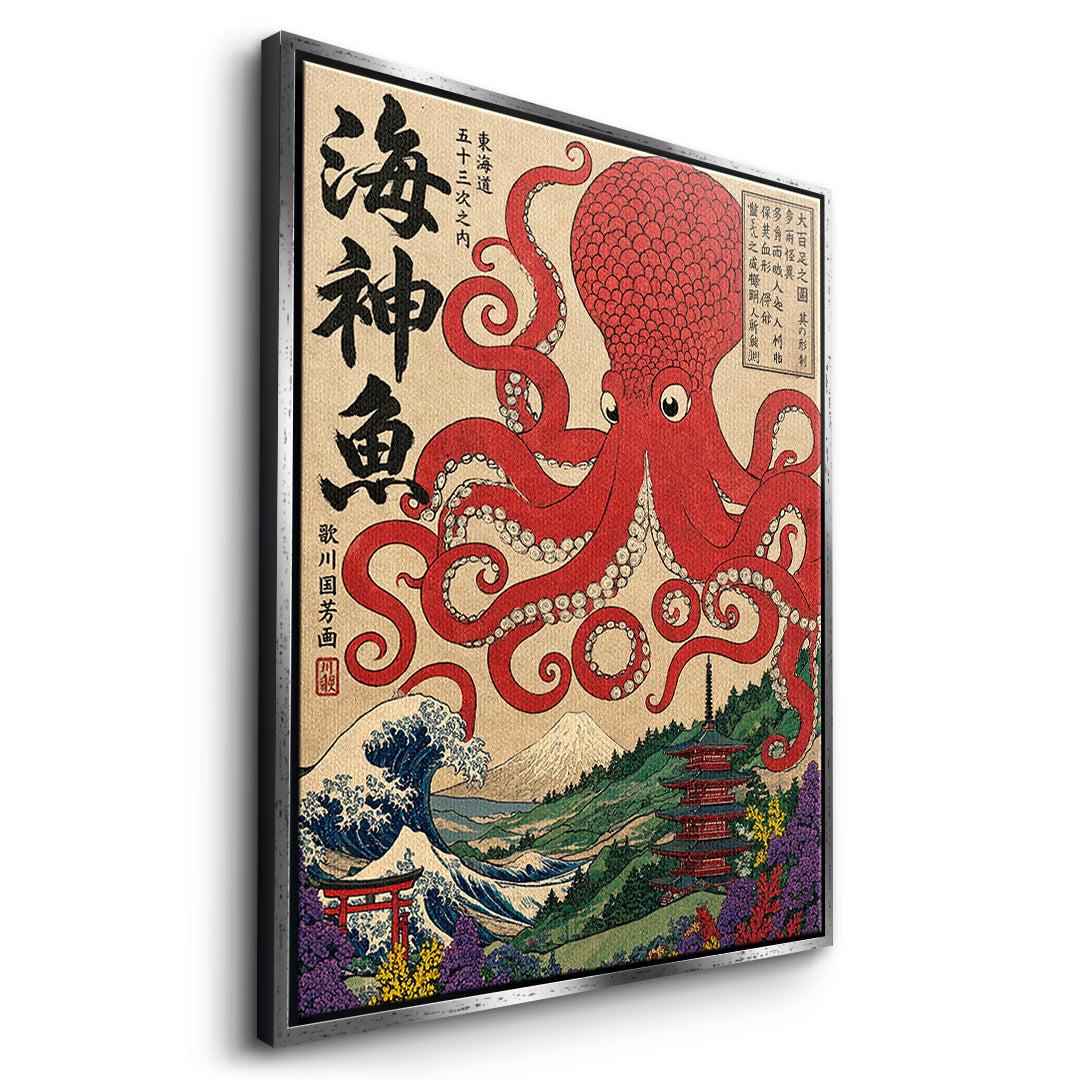 Seitenansicht des Leinwandbilds Sea God Octopus im silbernen Rahmen