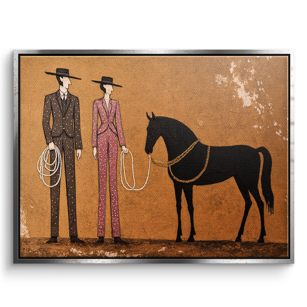 DOTCOMCANVAS Leinwandbild Cowboy & Horse im silbernen Premium-Rahmen