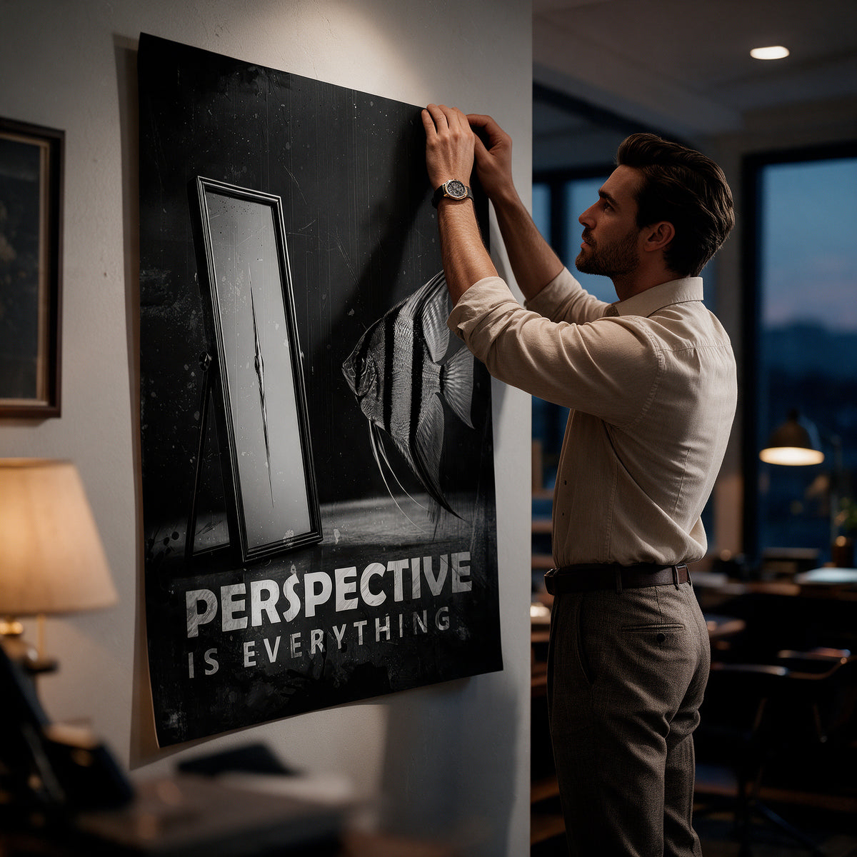 Poster Luxury Is A Lifestyle an der Wand eines modernen Wohnraums, zweite Ansicht