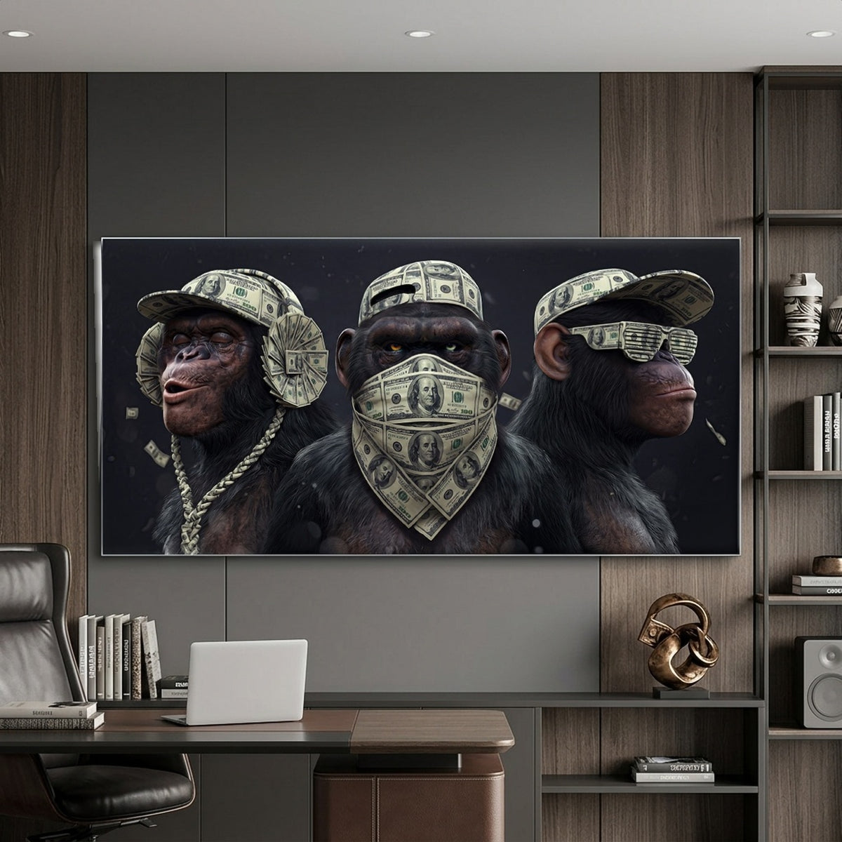 Acrylglasbild Three Wise Monkeys an der Wand eines modernen Wohnraums