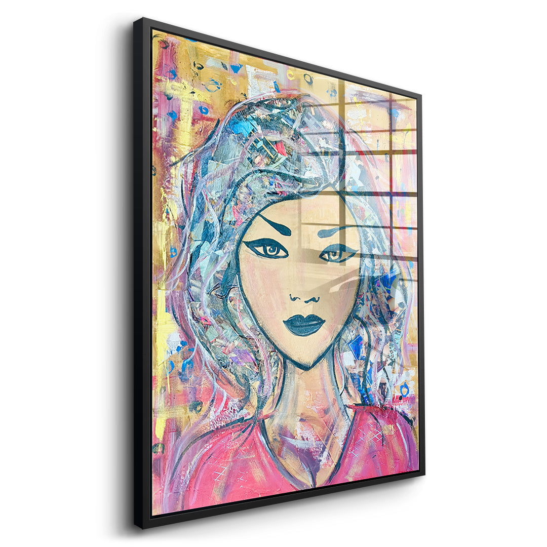 Seitenansicht des Acrylglasbilds Headlines And Dreams im schwarzen Rahmen