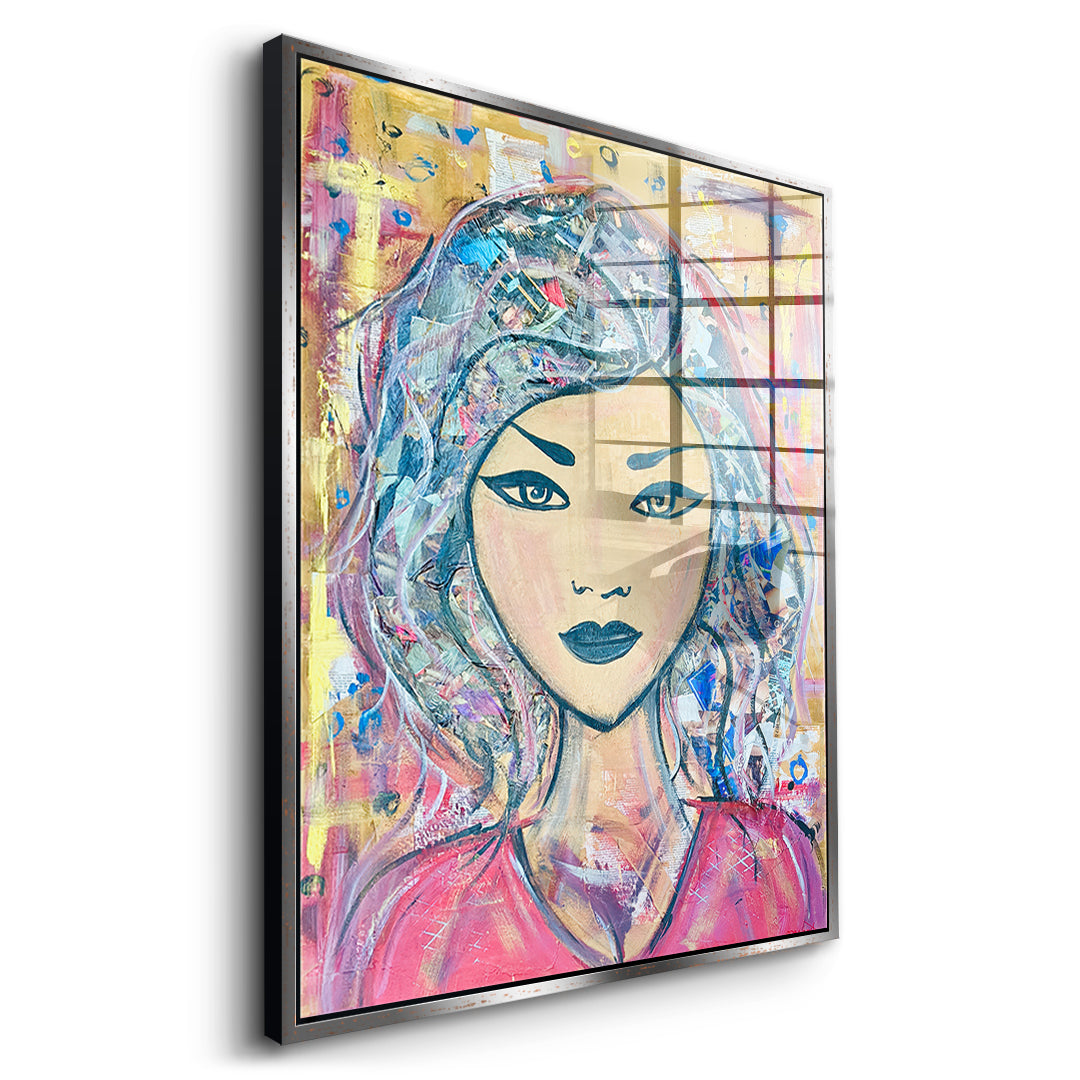 Seitenansicht des Acrylglasbilds Headlines And Dreams im silbernen Rahmen