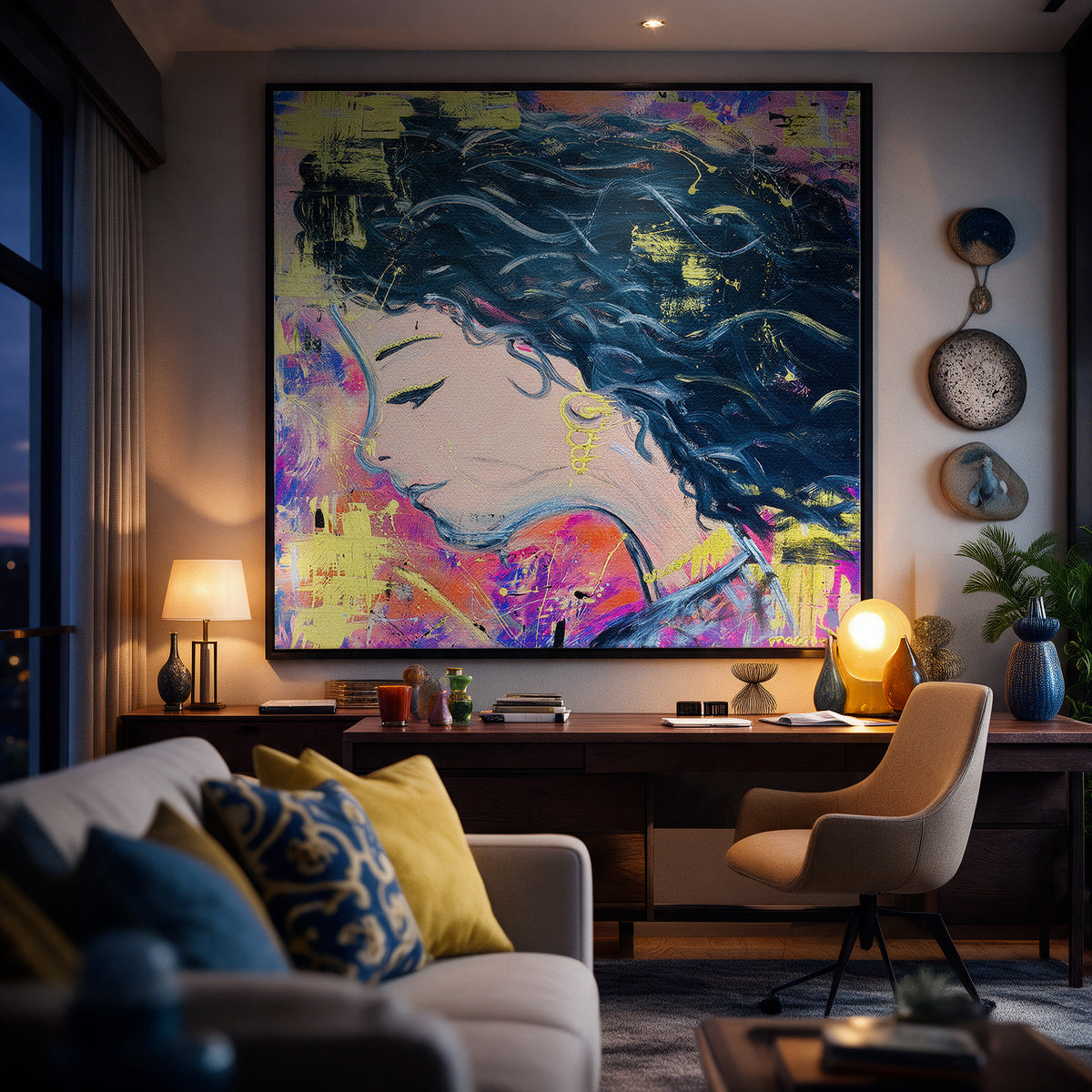 Acrylglasbild Midnight Waves an der Wand eines modernen Wohnraums