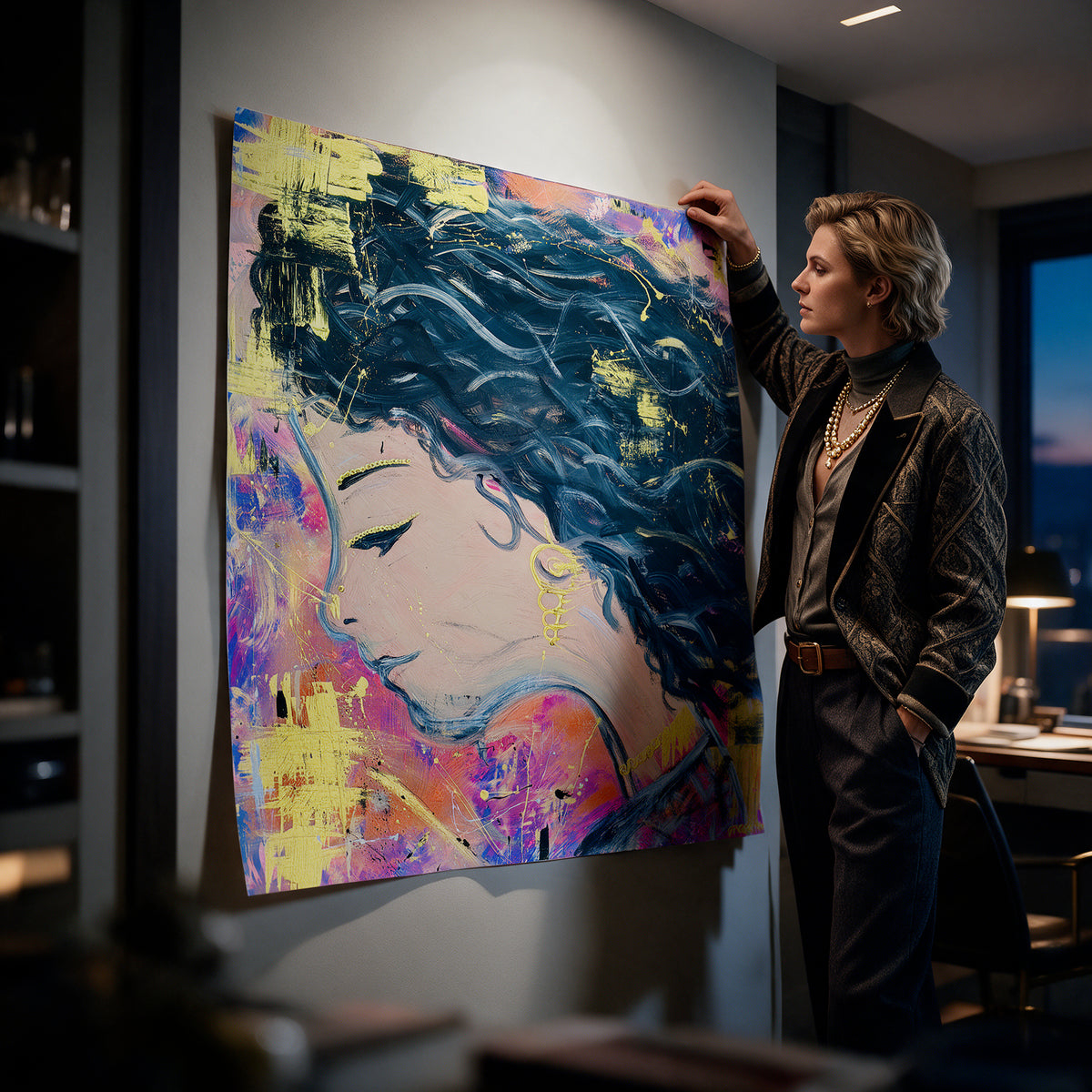Poster Midnight Waves an der Wand eines modernen Wohnraums