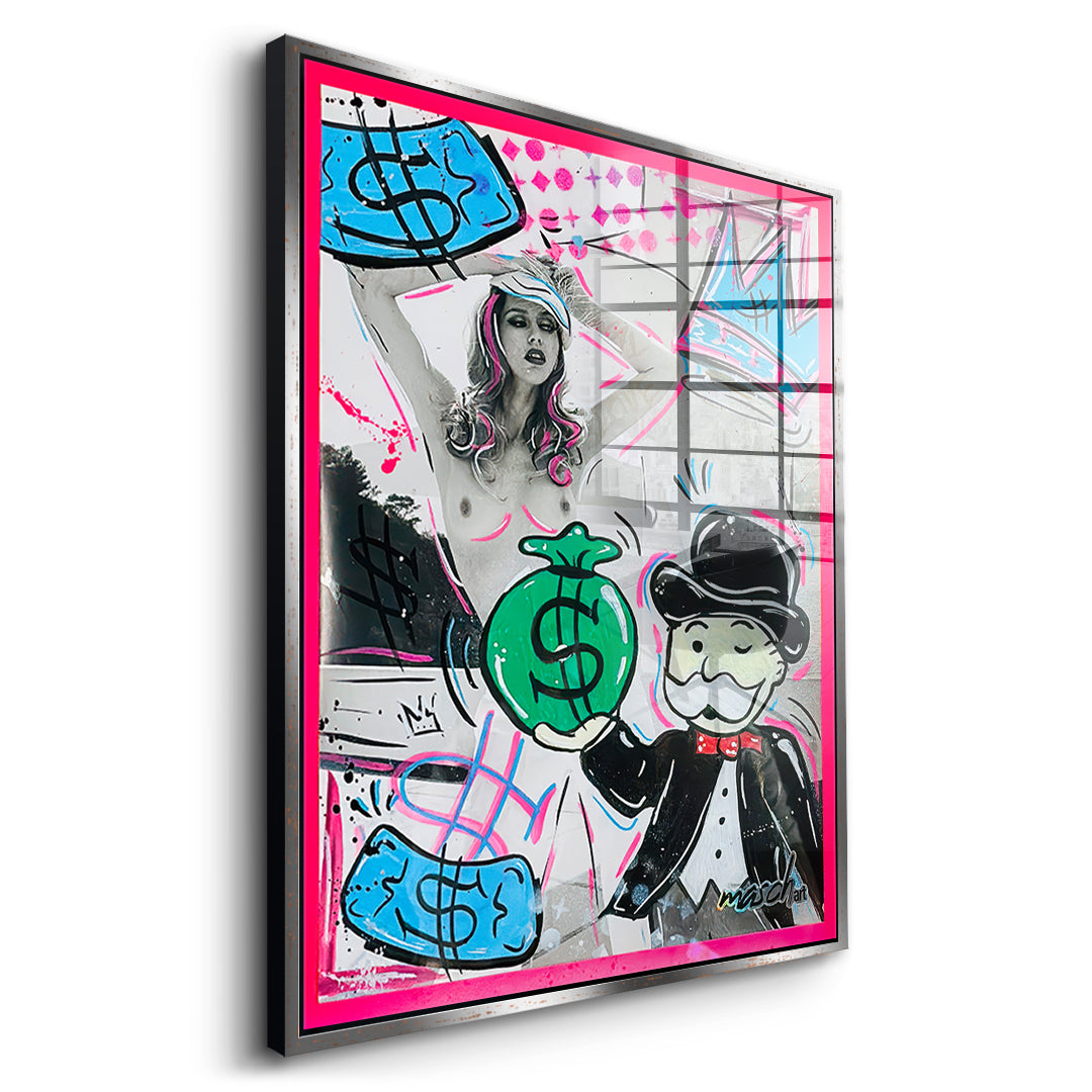 Seitenansicht des Acrylglasbilds Money Talks im silbernen Rahmen