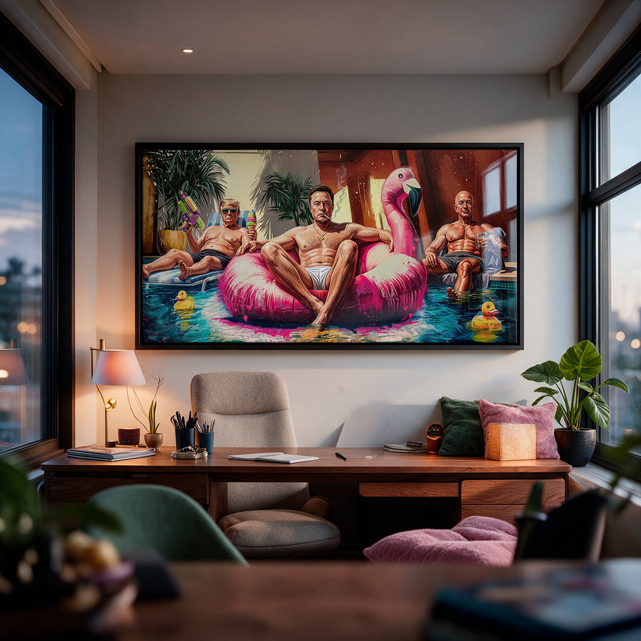 Acrylglasbild Pool Friends an der Wand eines modernen Wohnraums