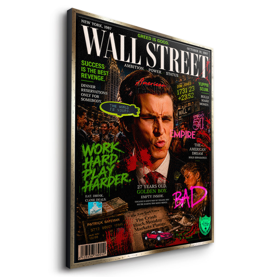 Seitenansicht des Leinwandbilds Work Hard Play Harder im goldenen Rahmen