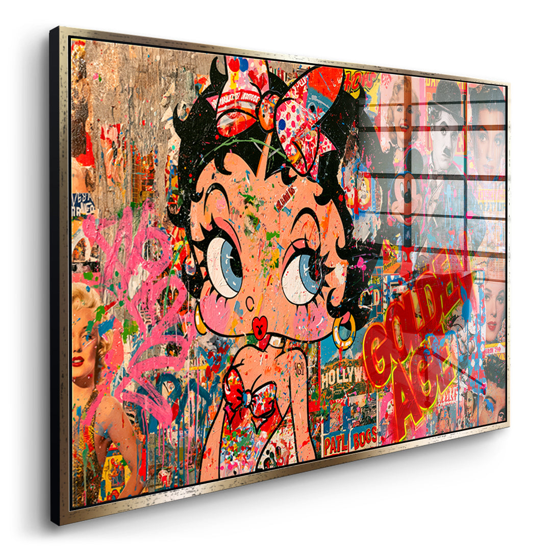 Seitenansicht des Acrylglasbilds Golden Age im goldenen Rahmen