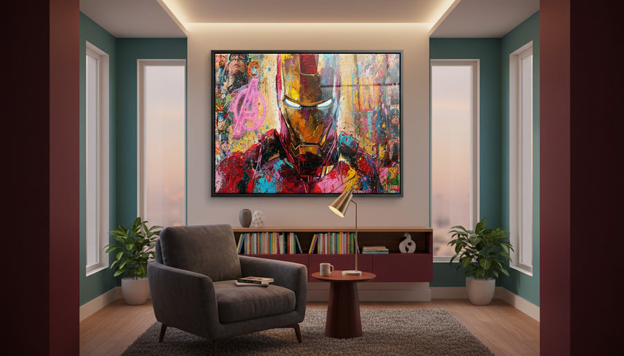 Acrylglasbild Iron Legend an der Wand eines modernen Wohnraums