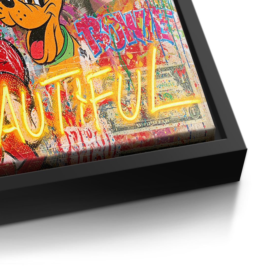 Detailaufnahme der Leinwandstruktur, Life Is Beautiful Graffiti im schwarzen Rahmen