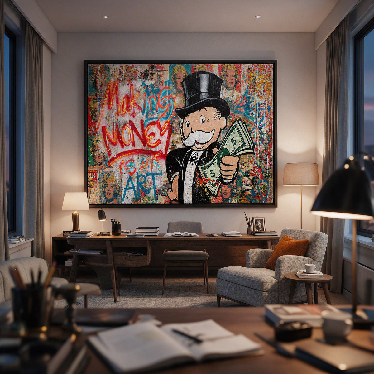 Leinwandbild Making Money Is An Art Graffiti an der Wand eines modernen Wohnraums