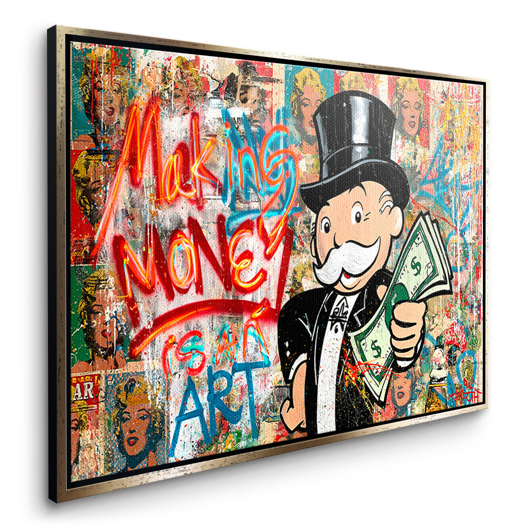 Seitenansicht des Leinwandbilds Making Money Is An Art Graffiti im goldenen Rahmen