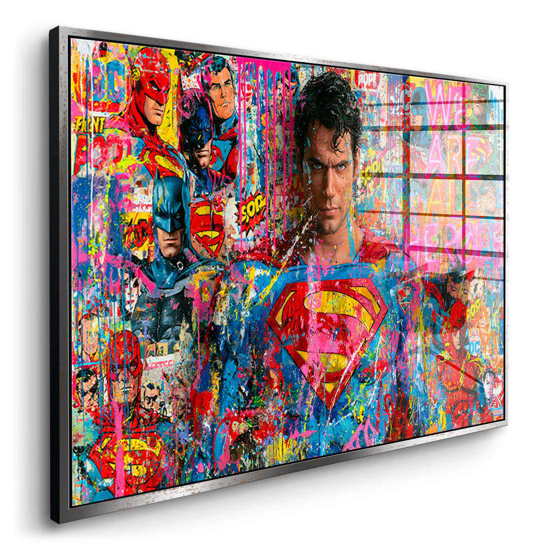 Seitenansicht des Acrylglasbilds We Are All Heroes im silbernen Rahmen