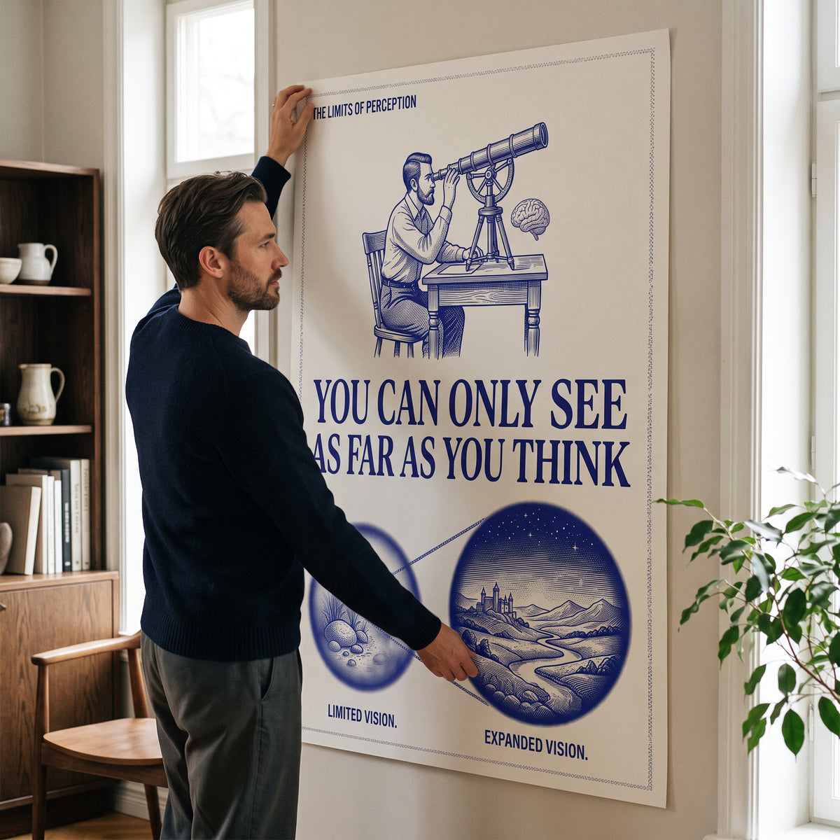Poster See As Far As You Think an der Wand eines modernen Wohnraums, zweite Ansicht