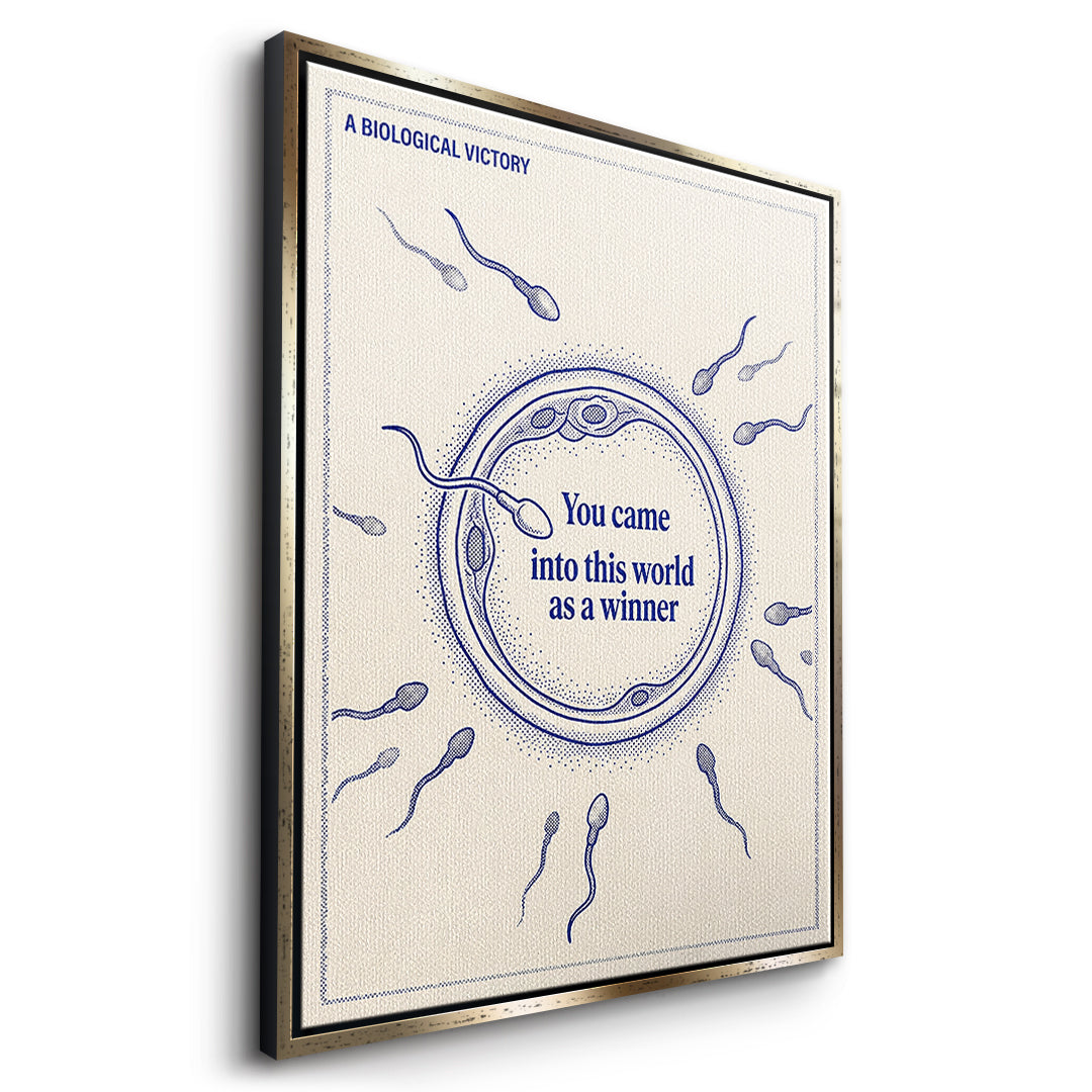 Seitenansicht des Leinwandbilds Came Into The World As A Winner im goldenen Rahmen