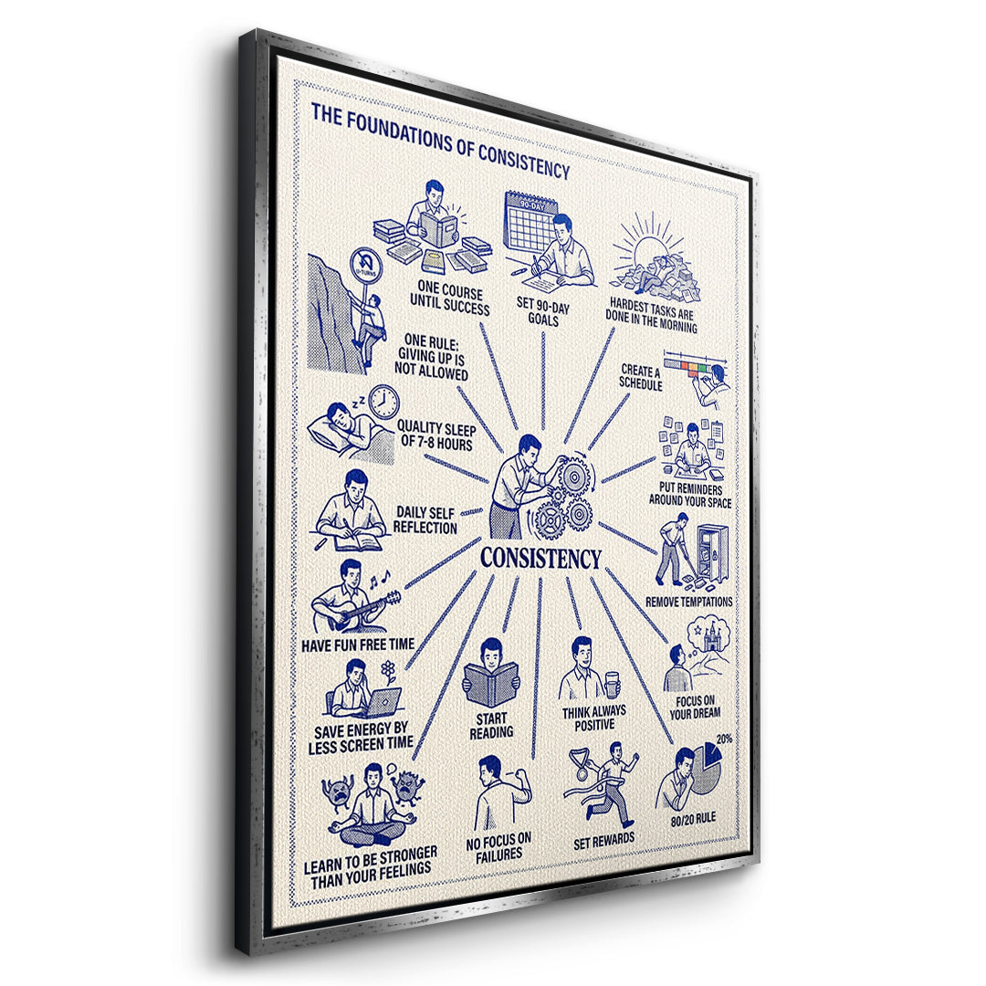 Seitenansicht des Leinwandbilds Foundations Of Consistency im silbernen Rahmen