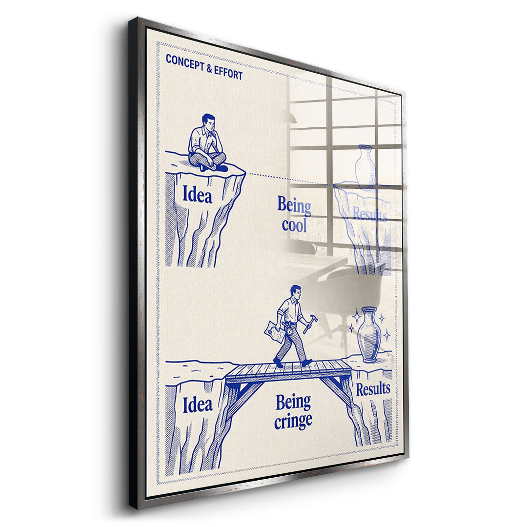 Seitenansicht des Acrylglasbilds Being Cringe im silbernen Rahmen