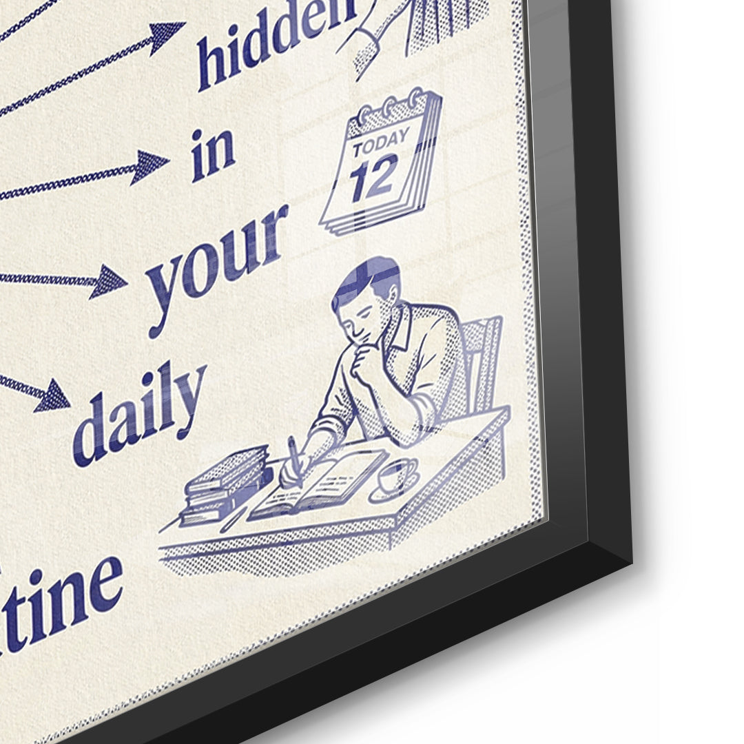 Detailaufnahme des 5mm Acrylglases, Hidden In Your Daily Routine im schwarzen Rahmen