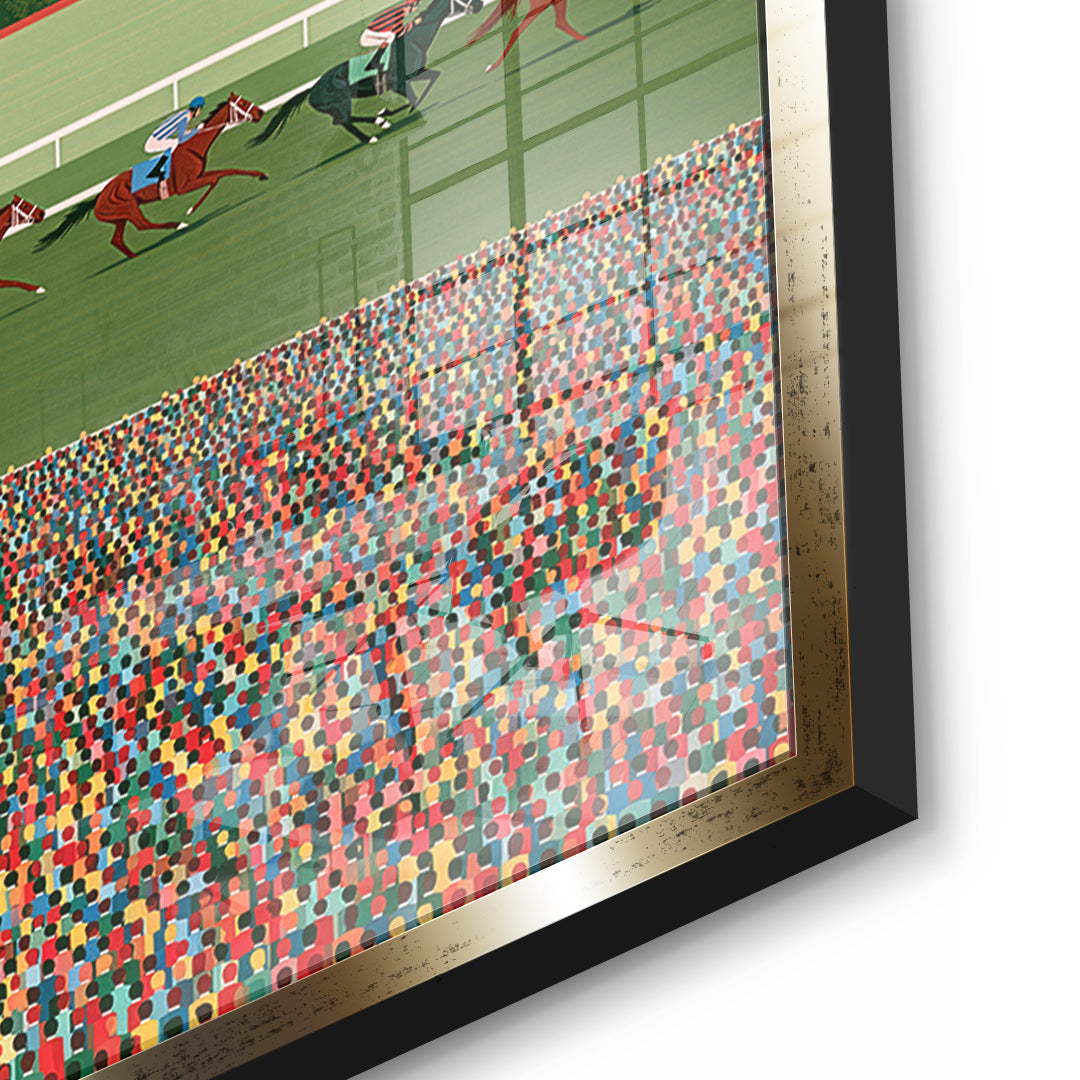 Detailaufnahme des 5mm Acrylglases, Race Day im goldenen Rahmen