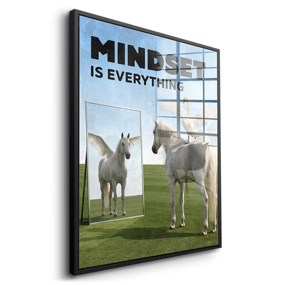 Seitenansicht des Acrylglasbilds Mindset Is Everything Pegasus im schwarzen Rahmen