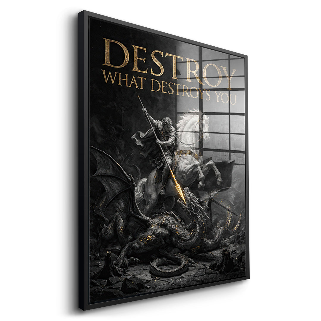 Seitenansicht des Acrylglasbilds Destroy What Destroys You im schwarzen Rahmen