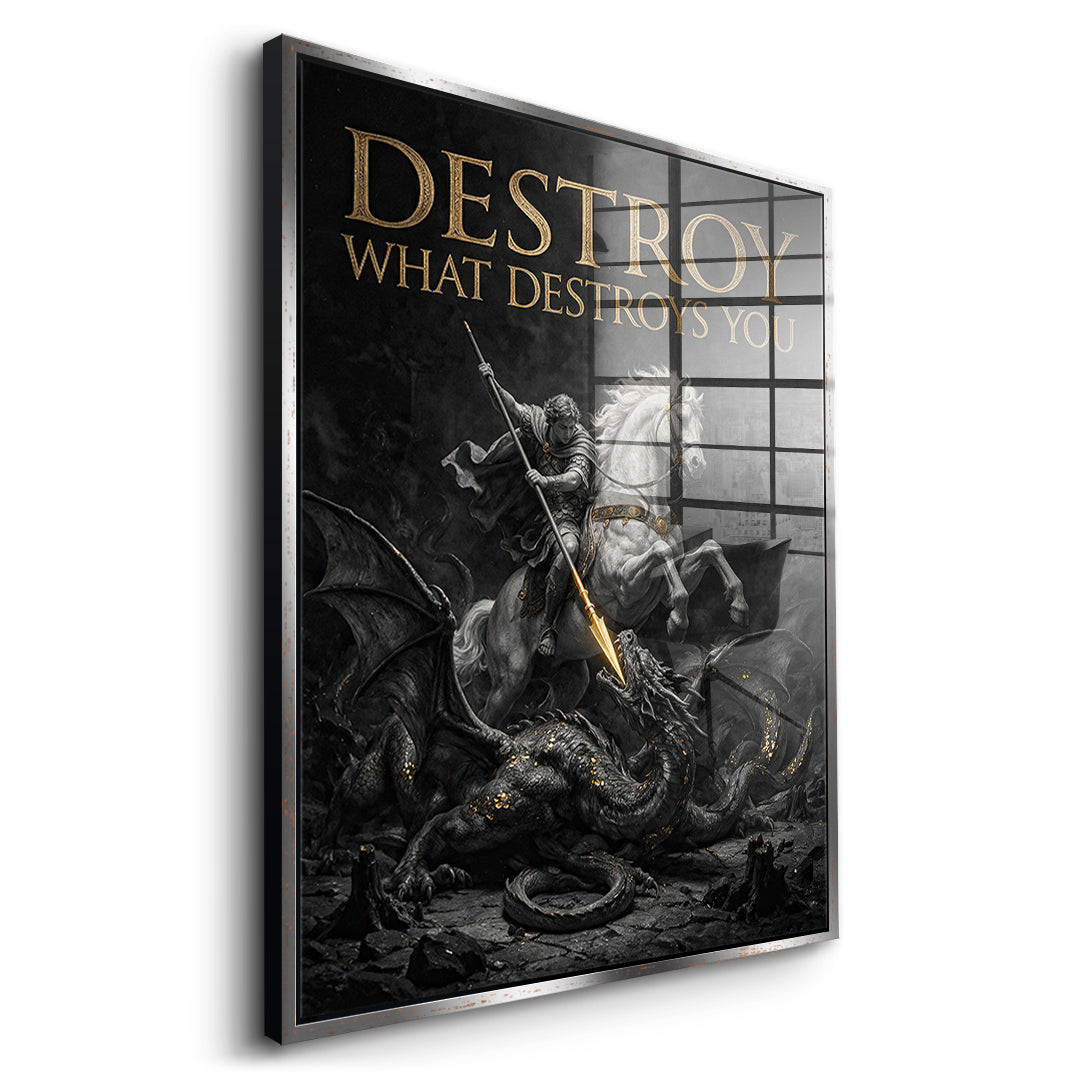 Seitenansicht des Acrylglasbilds Destroy What Destroys You im silbernen Rahmen