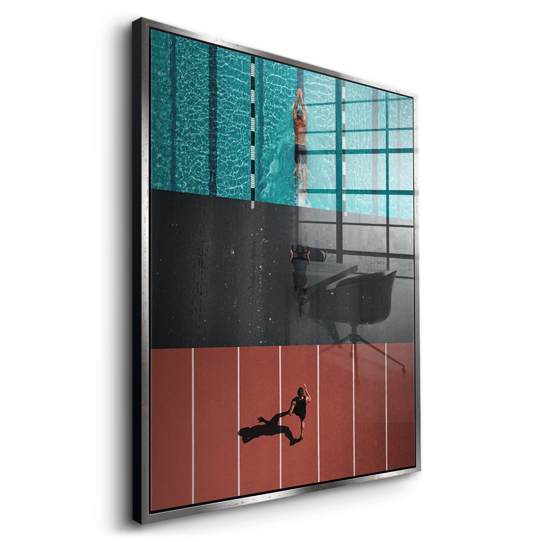 Seitenansicht des Acrylglasbilds Triathlon im silbernen Rahmen