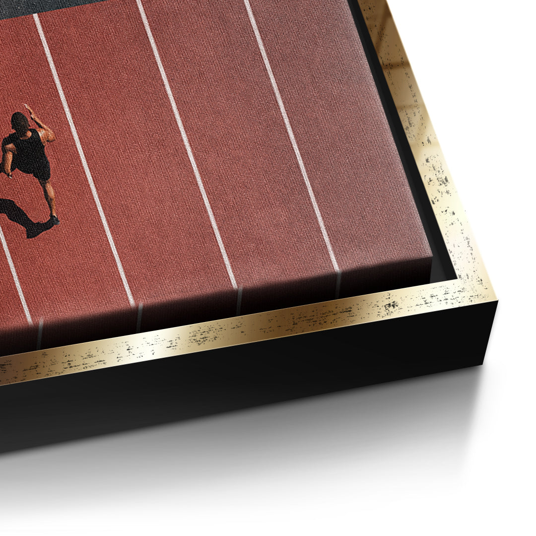 Detailaufnahme der Leinwandstruktur, Triathlon im goldenen Rahmen